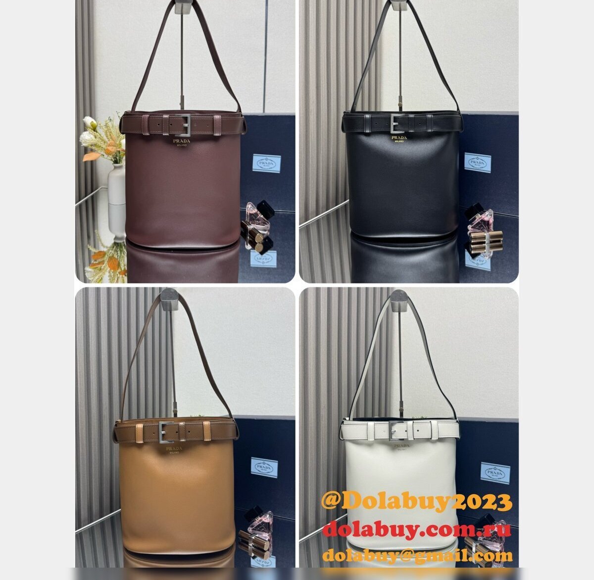 Prada Buckle leather bucket bag with belt 1BE085